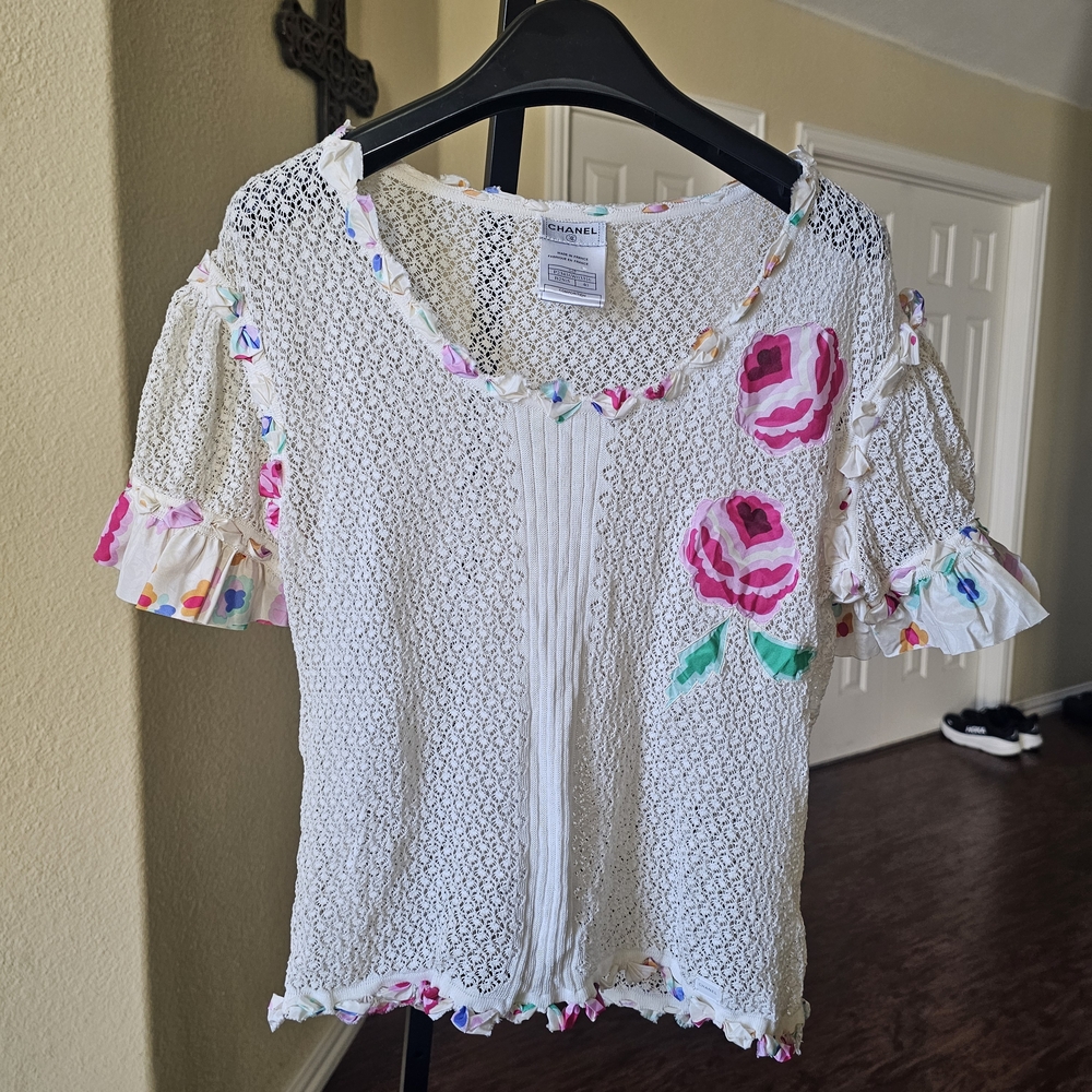 CHANEL Off-White Blouse with Pink and Green Floral Details Size 40